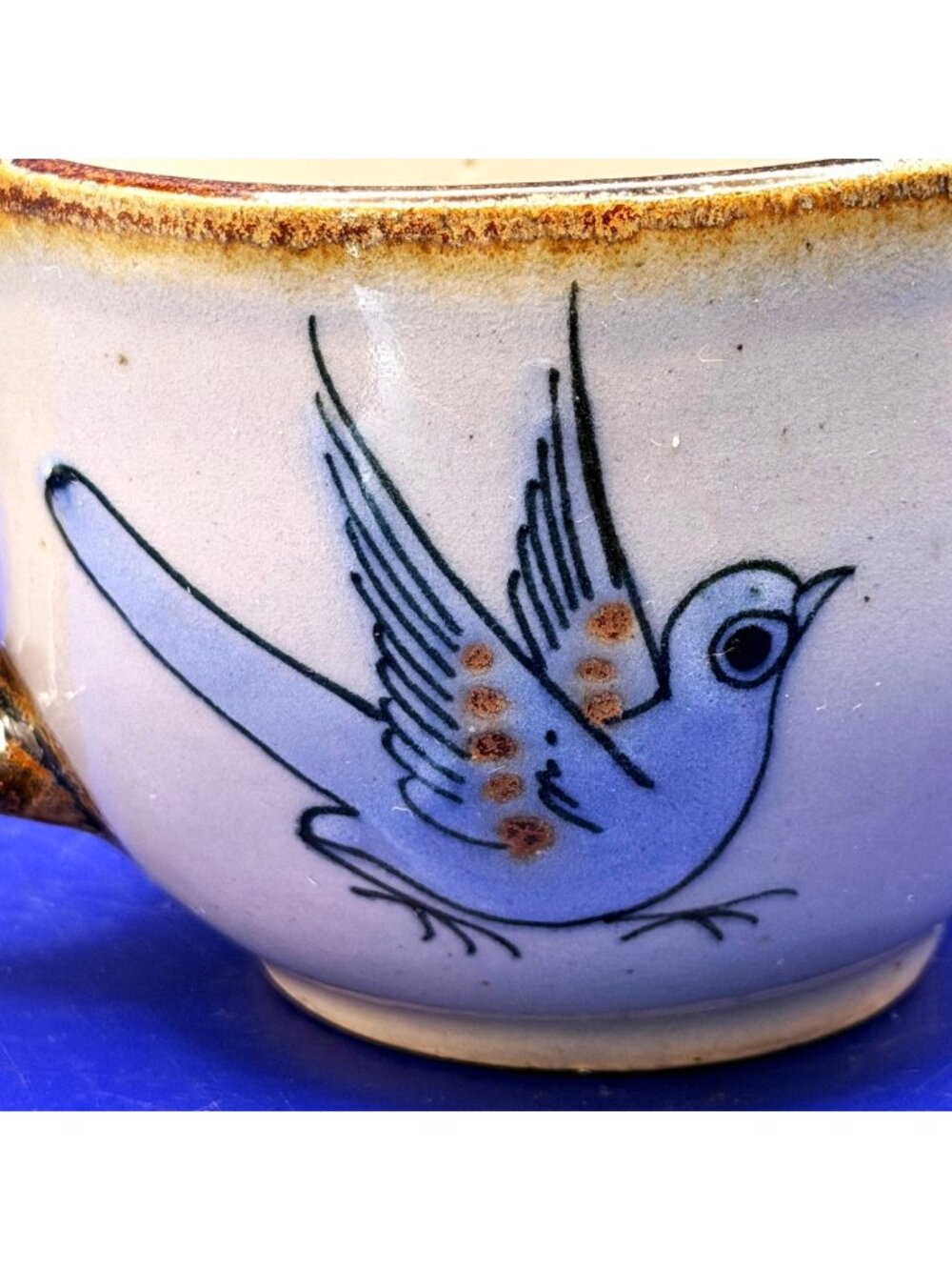 El Palomar Mexico Pottery Creamer Pitcher Vintage Blue Bird Floral Stoneware Mug - Picture 12 of 13